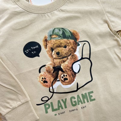Conj. Blusa Manga Longa Ursinho Play Game e Calça Saruel de Moletinho - Areia e Verde
